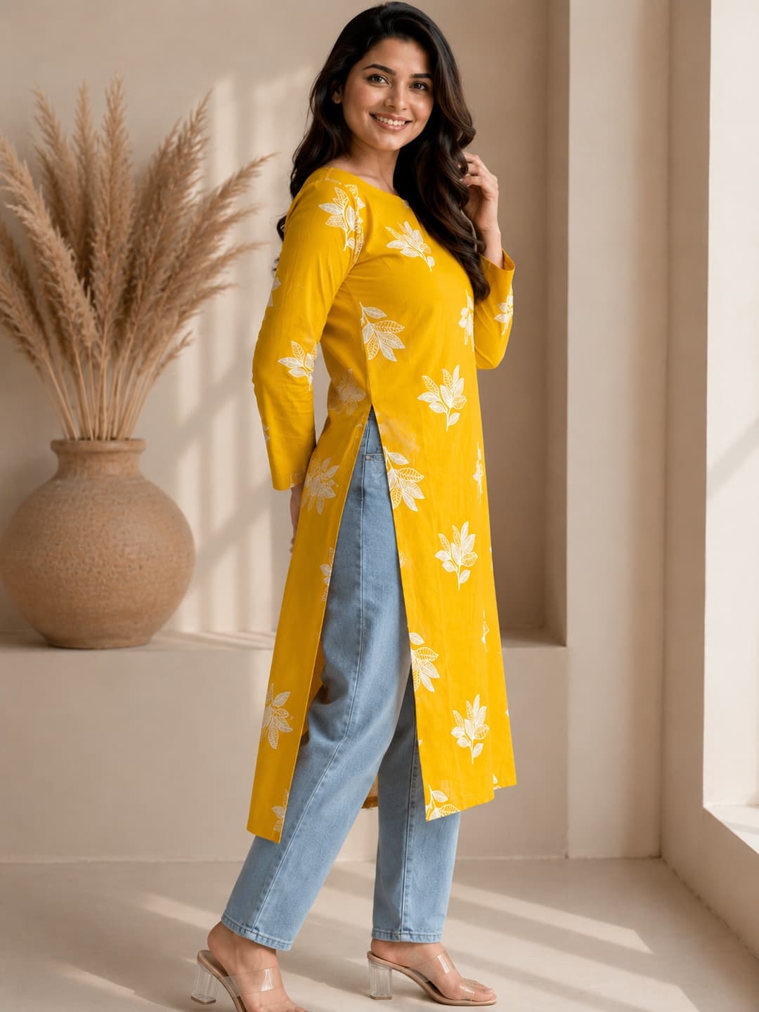 Yellow Floral Embroidered Kurta