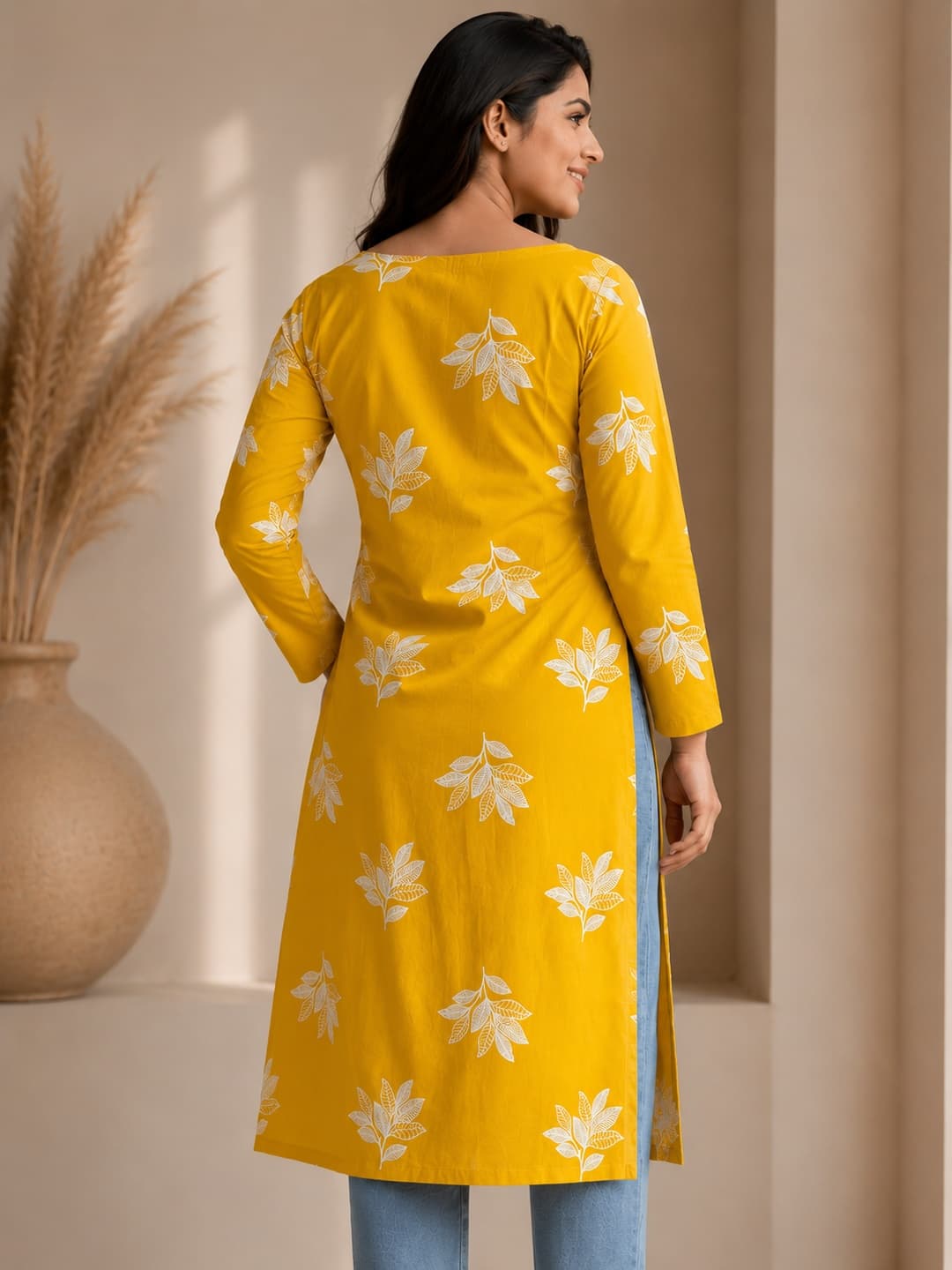 Yellow Floral Embroidered Kurta - View 3