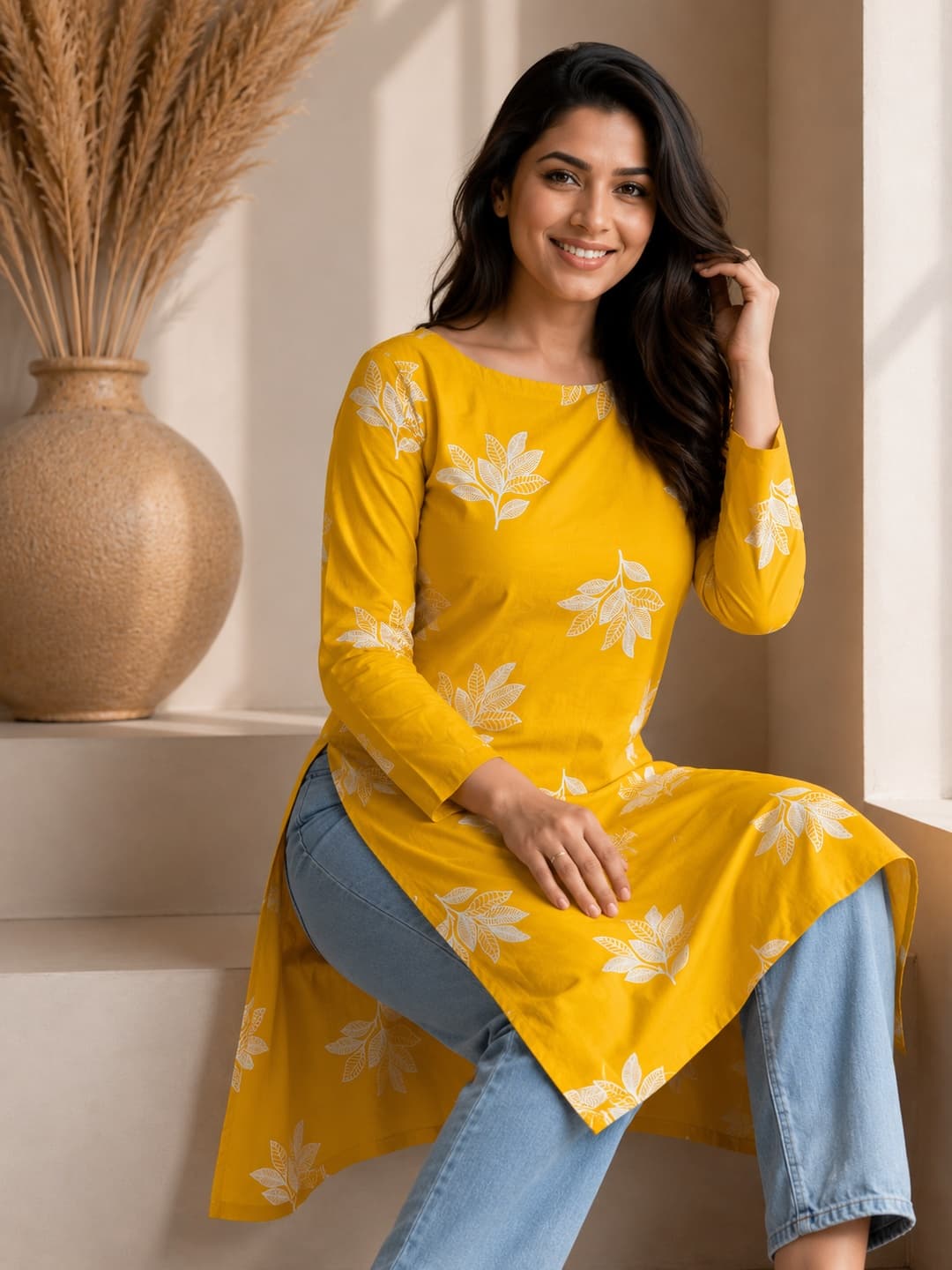 Yellow Floral Embroidered Kurta - View 4