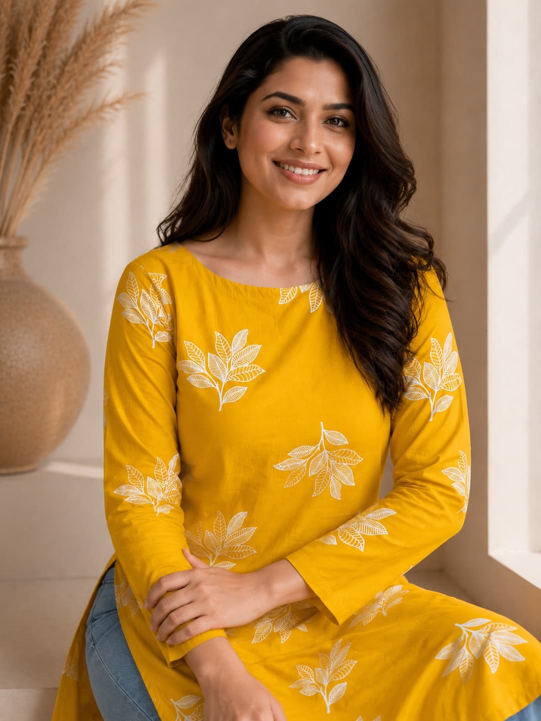 Yellow Floral Embroidered Kurta - View 5