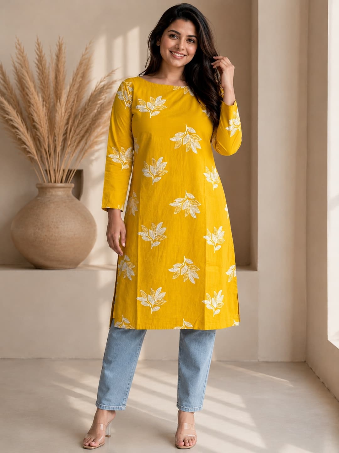 Yellow Floral Embroidered Kurta - View 0