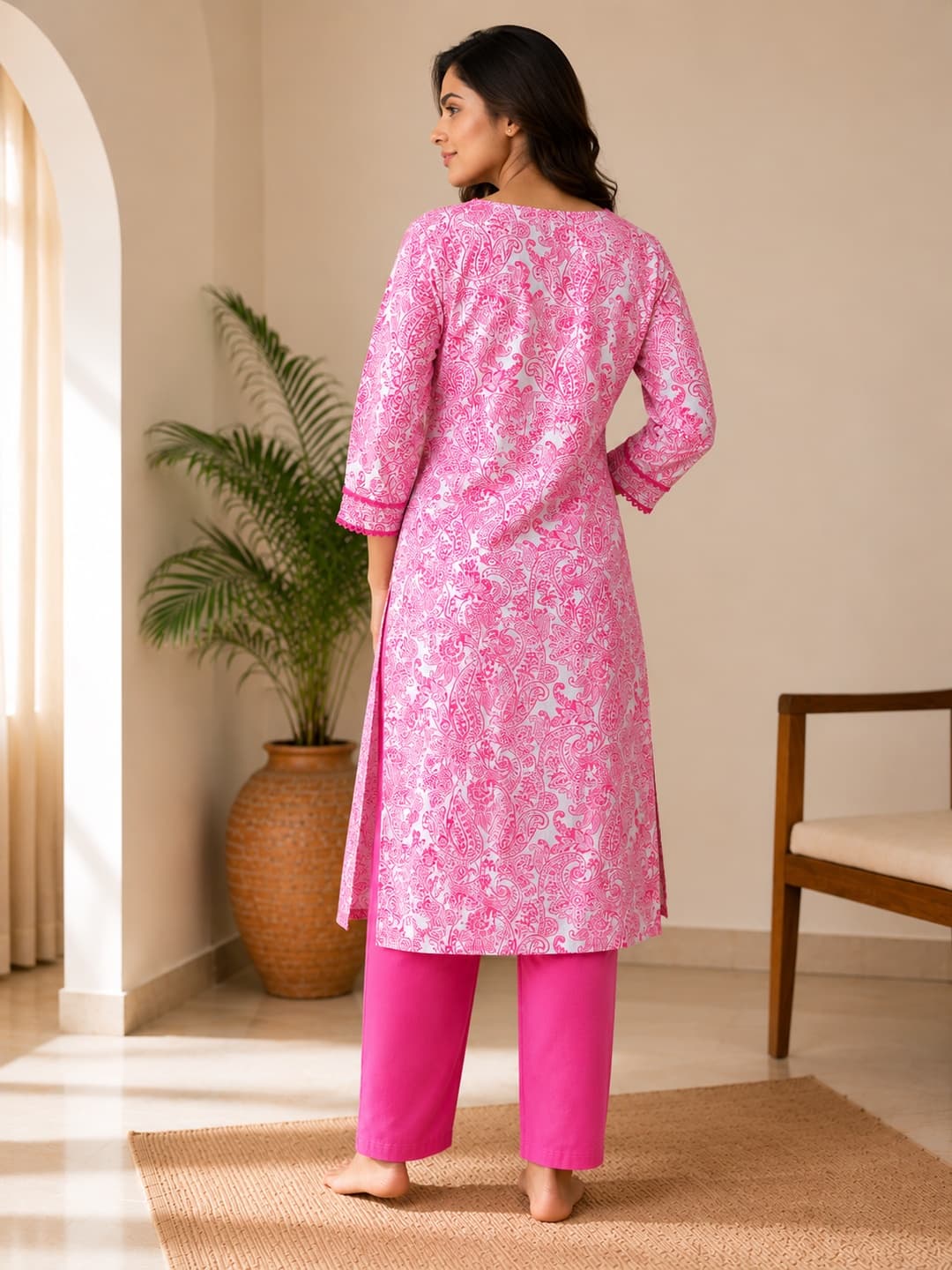 Rani Pink Paisley Pintuck Kurta - View 3
