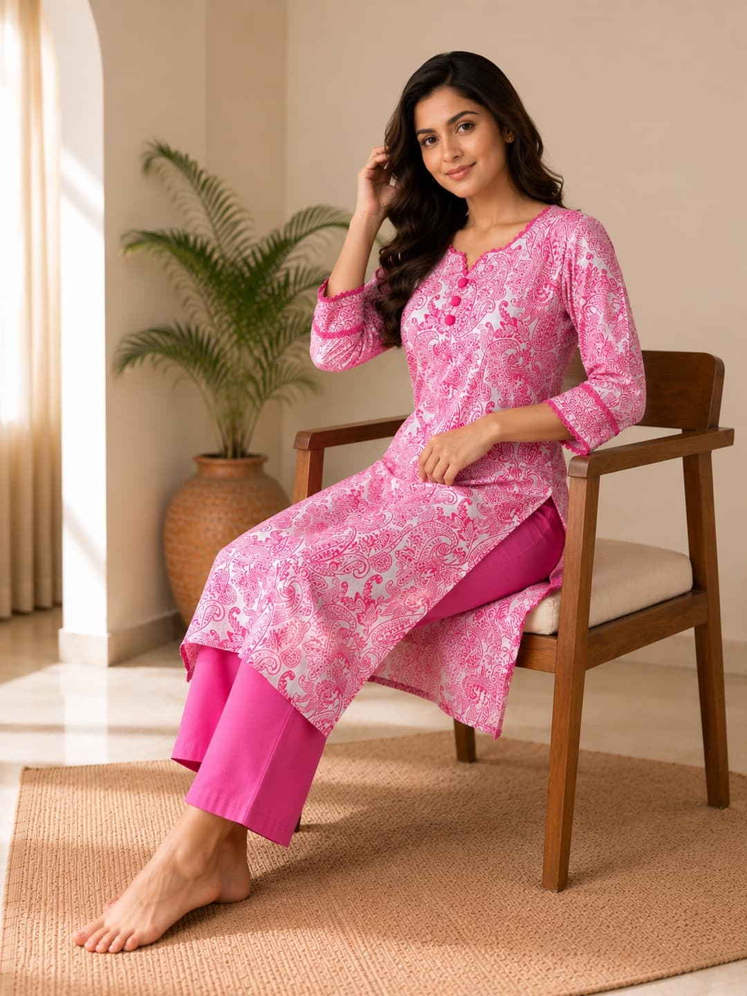 Rani Pink Paisley Pintuck Kurta - View 4
