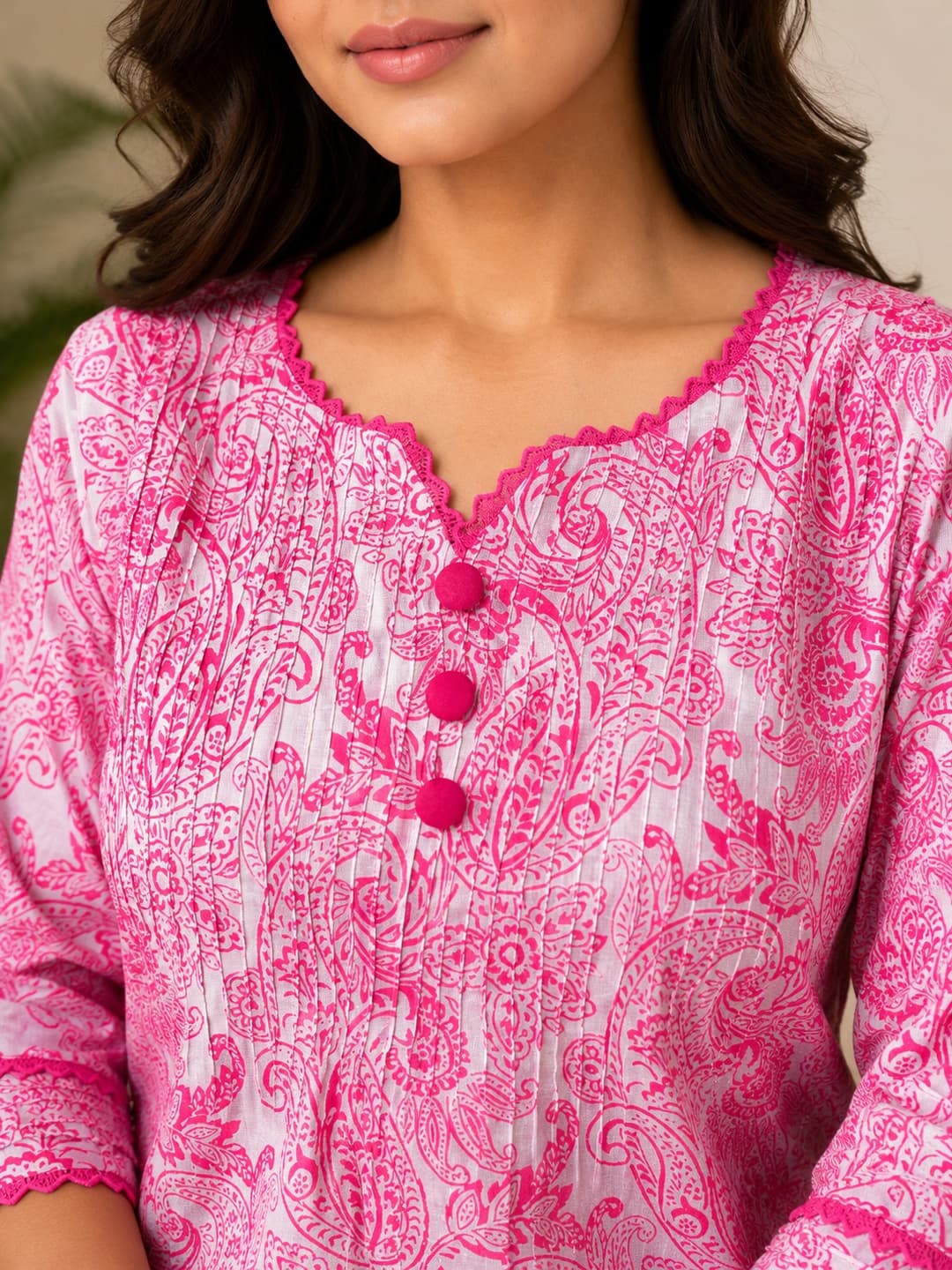 Rani Pink Paisley Pintuck Kurta - View 5