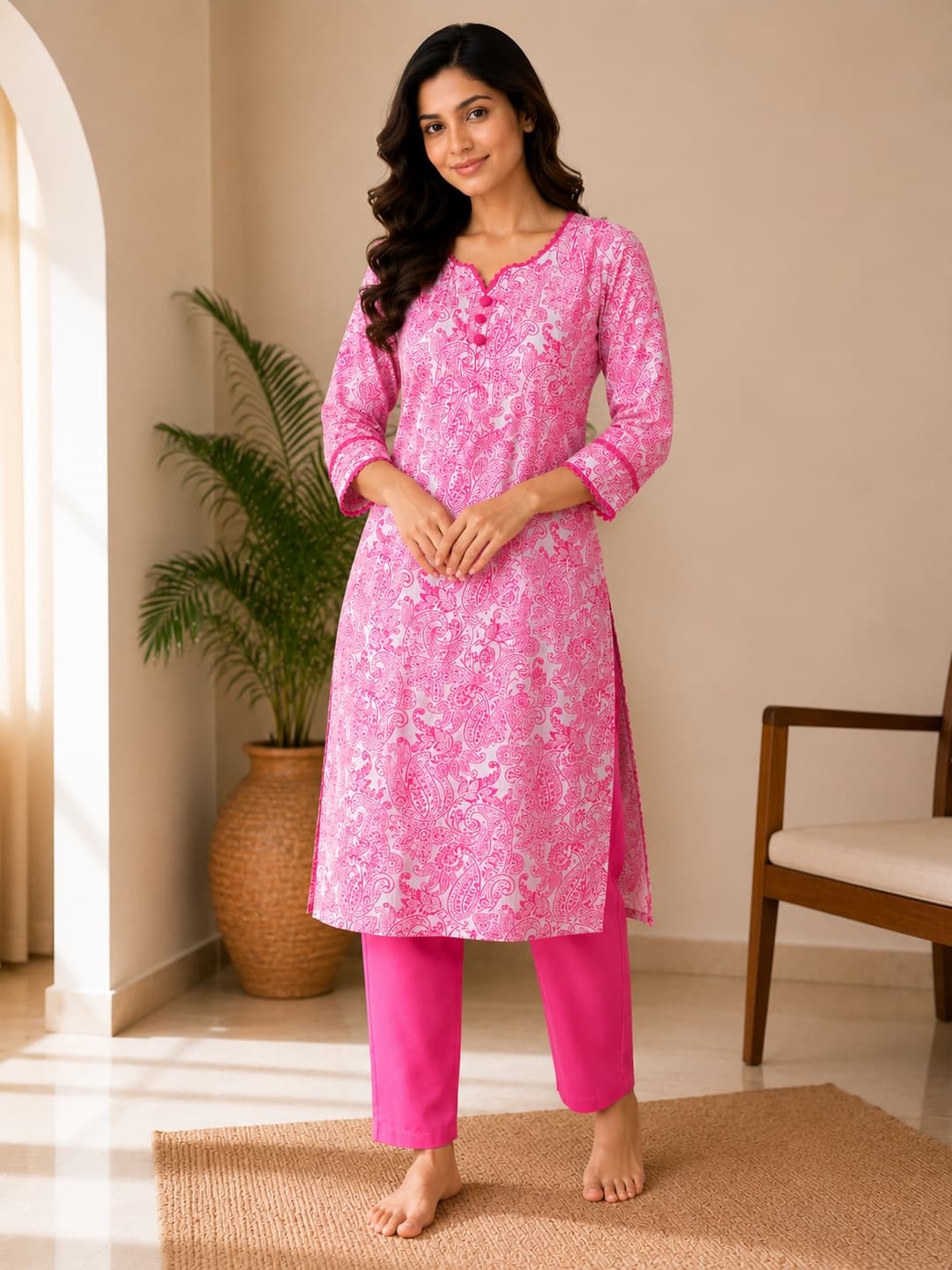 Rani Pink Paisley Pintuck Kurta - View 0