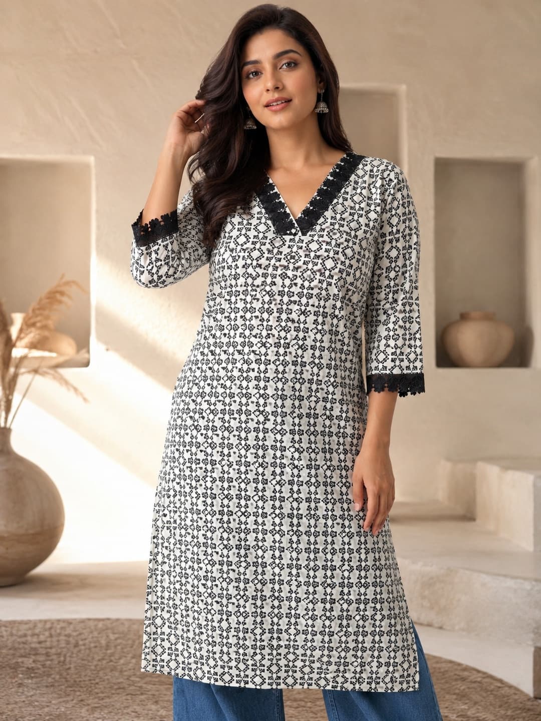 Black and White Printed Kurta with Lace