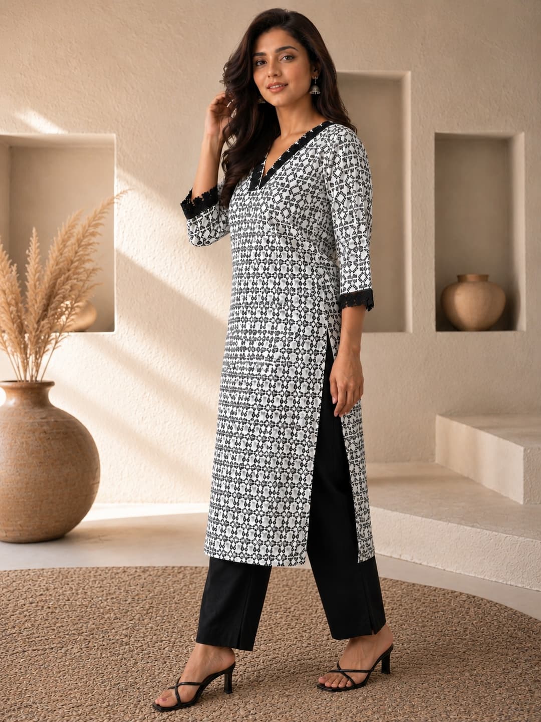 Black and White Printed Kurta with Lace