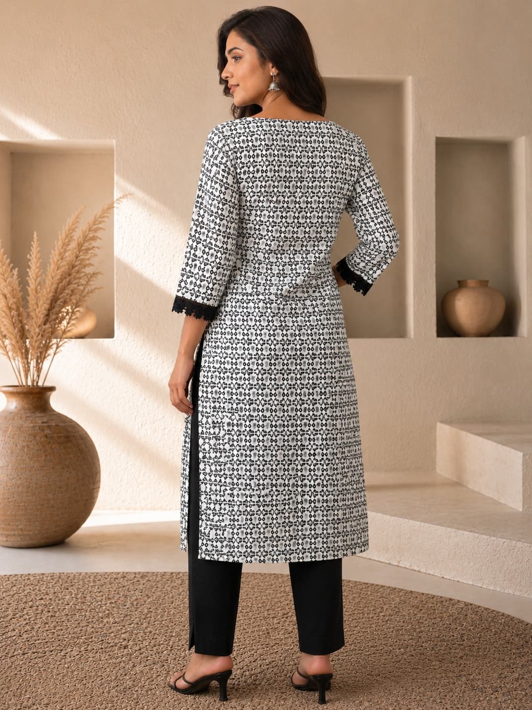 Black and White Printed Kurta with Lace - View 3