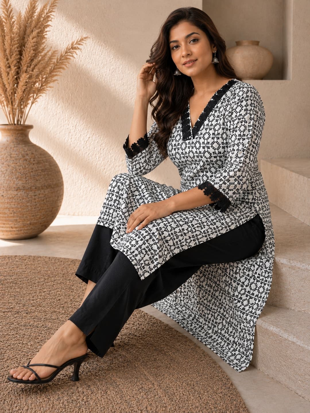 Black and White Printed Kurta with Lace - View 4