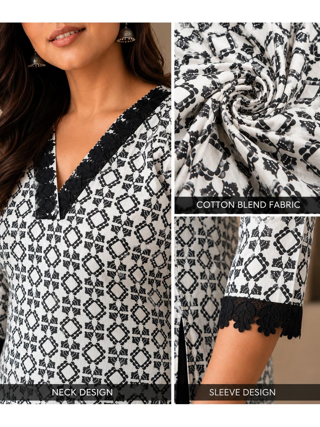 Black and White Printed Kurta with Lace - View 0