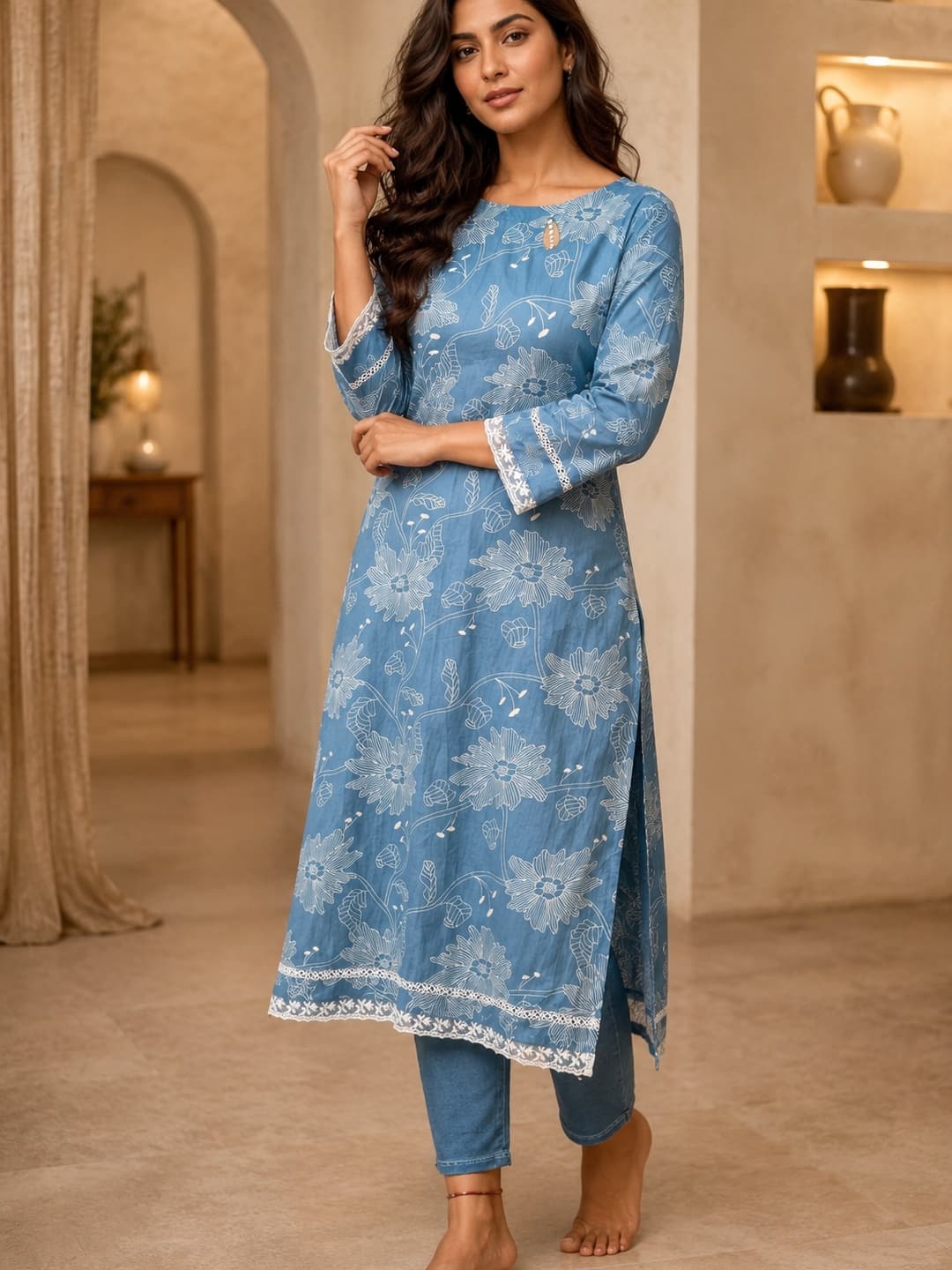 Light Blue Floral Cotton Boat Neck Kurta