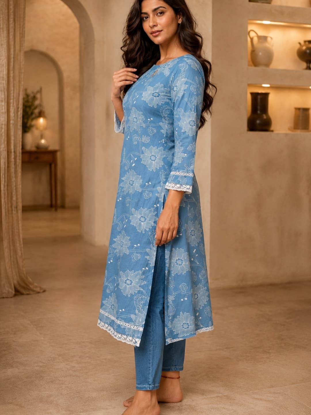 Light Blue Floral Cotton Boat Neck Kurta