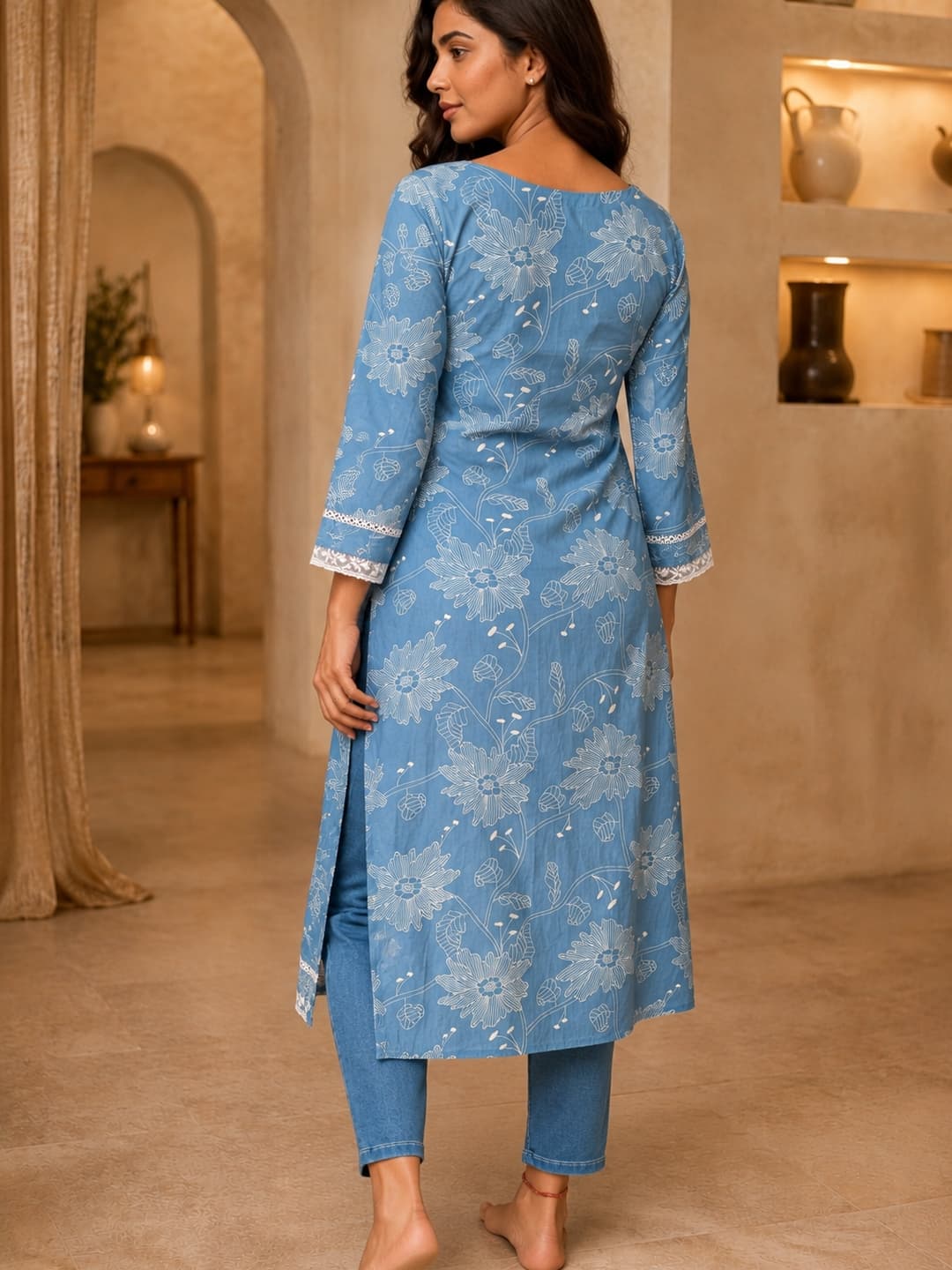 Light Blue Floral Cotton Boat Neck Kurta - View 3