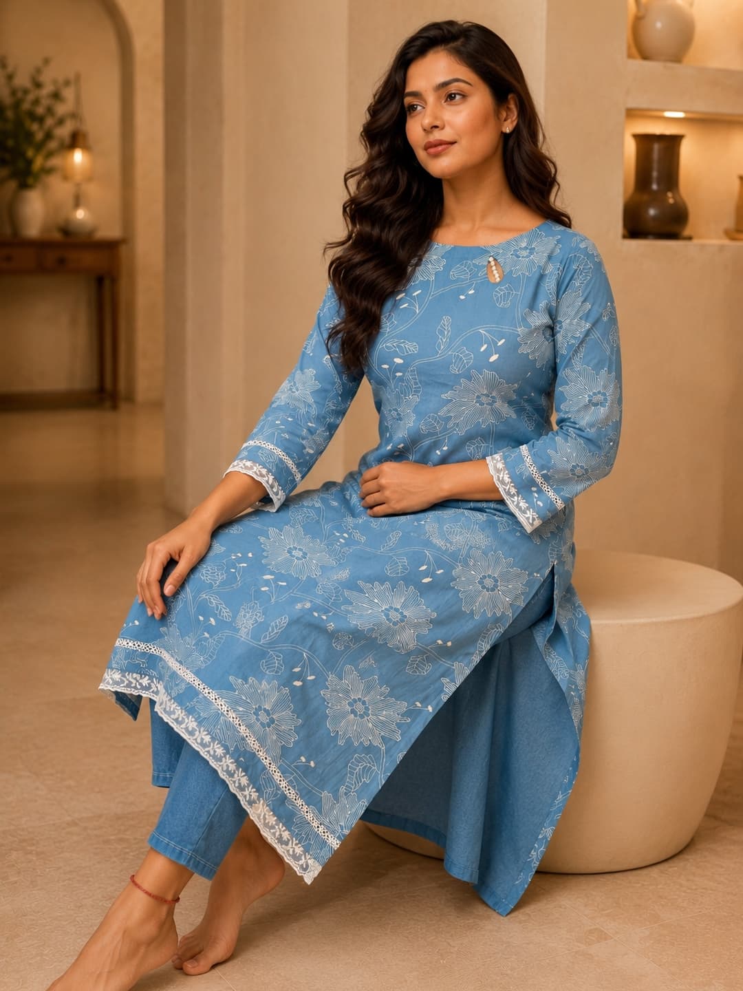 Light Blue Floral Cotton Boat Neck Kurta - View 4