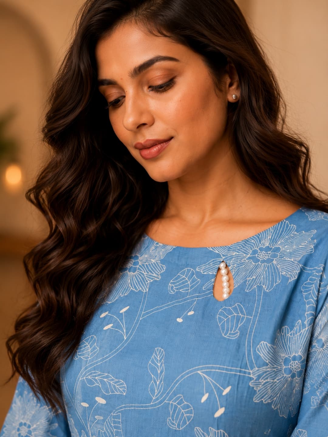 Light Blue Floral Cotton Boat Neck Kurta - View 0