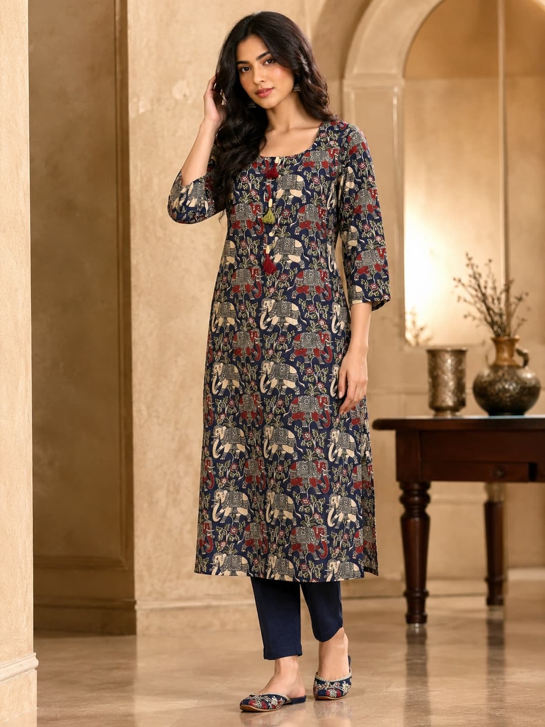 Blue Elephant Printed Cotton Kurta for Women