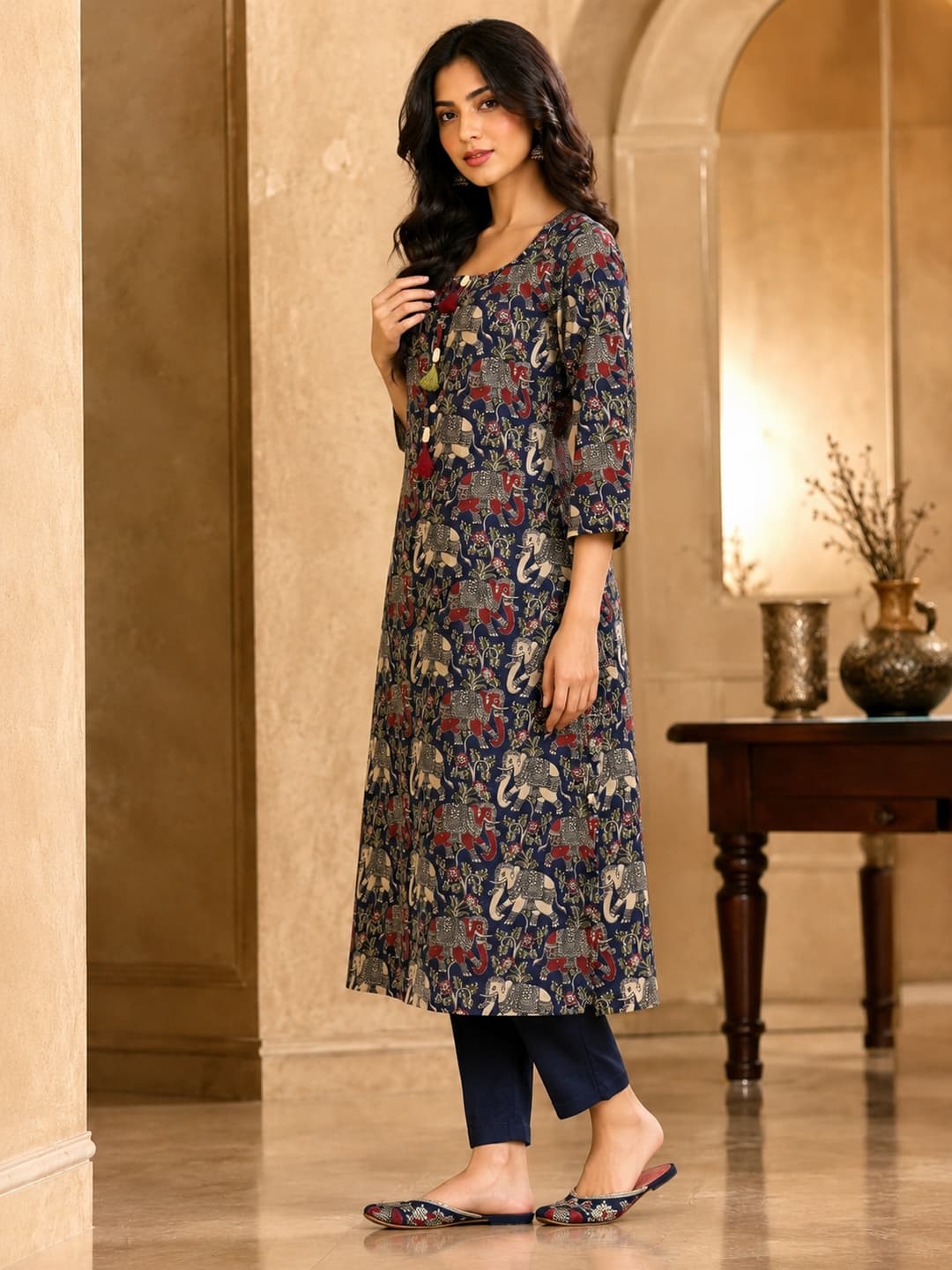 Blue Elephant Printed Cotton Kurta for Women