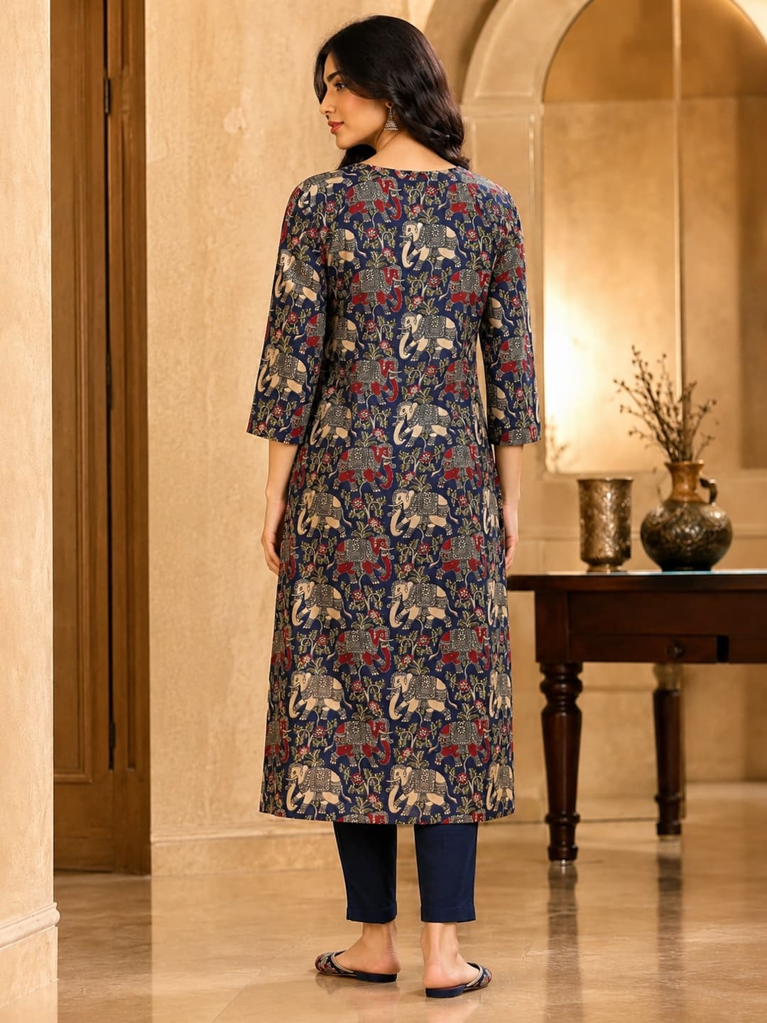 Blue Elephant Printed Cotton Kurta for Women - View 3
