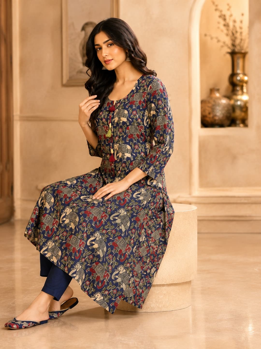 Blue Elephant Printed Cotton Kurta for Women - View 4