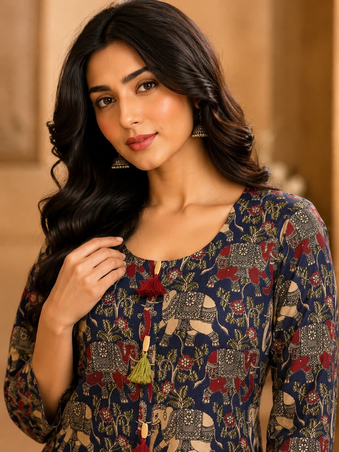 Blue Elephant Printed Cotton Kurta for Women - View 0