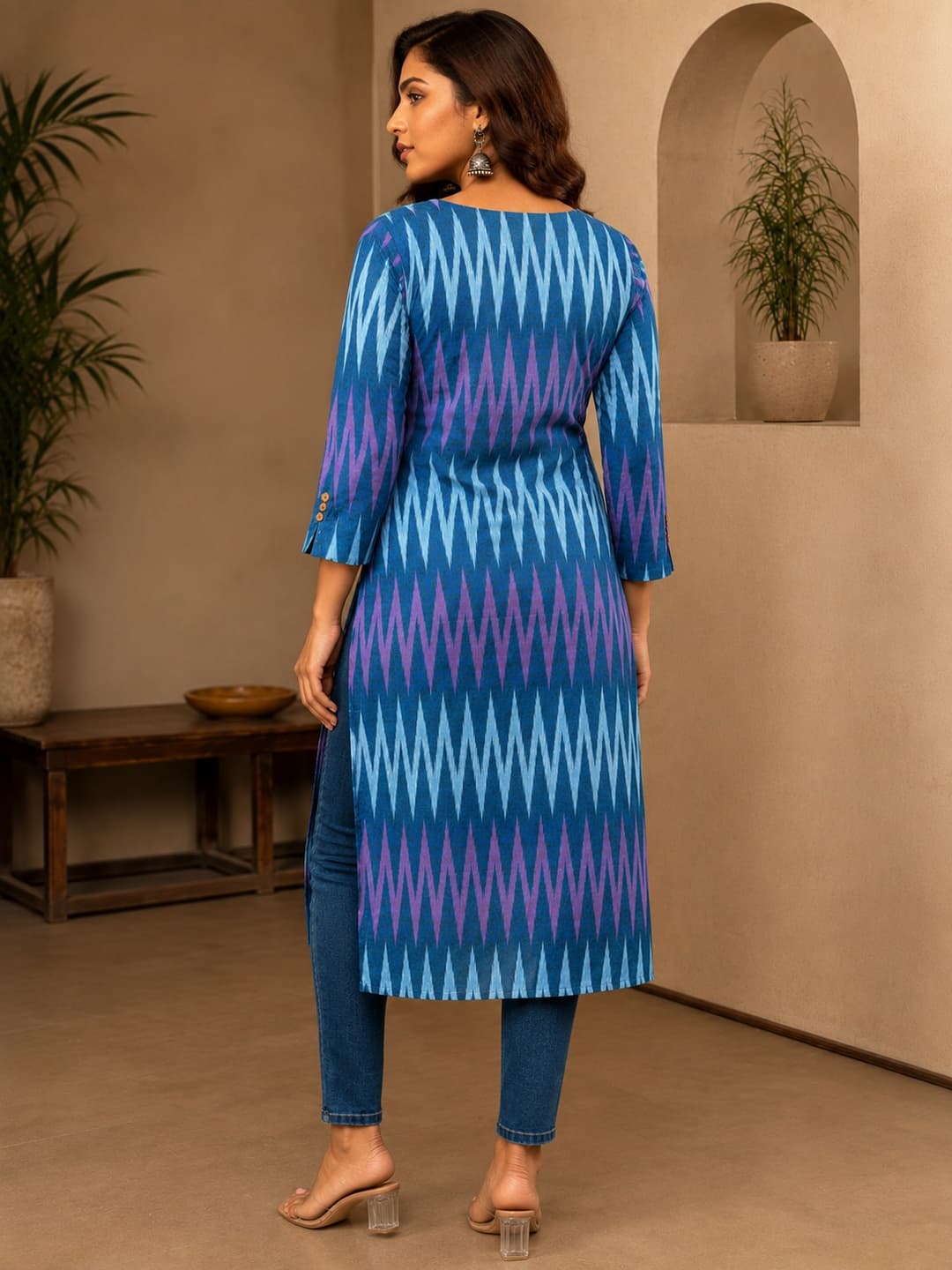 Blue Aura Tribal Ikkat Kurta - View 3