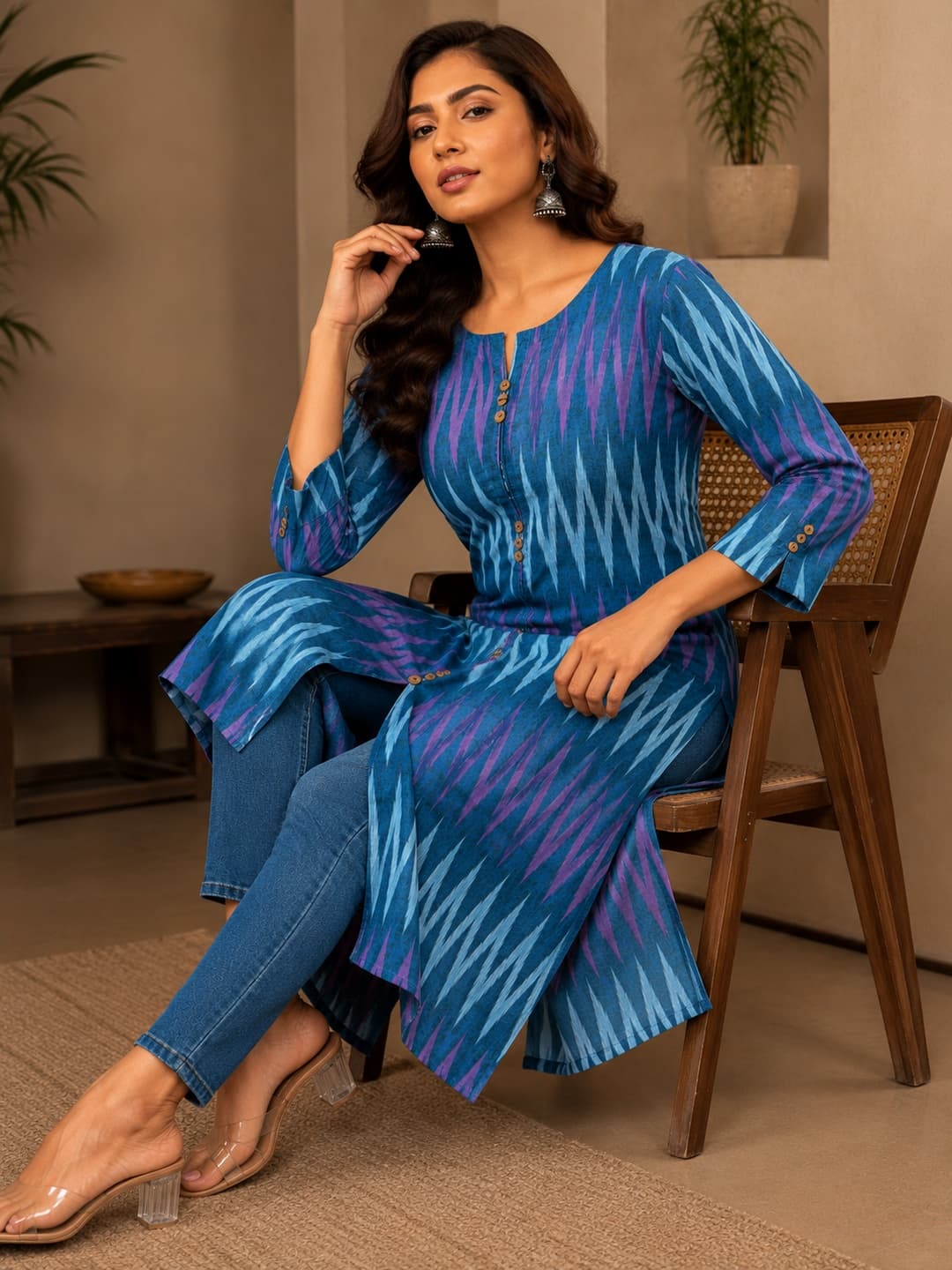 Blue Aura Tribal Ikkat Kurta - View 4