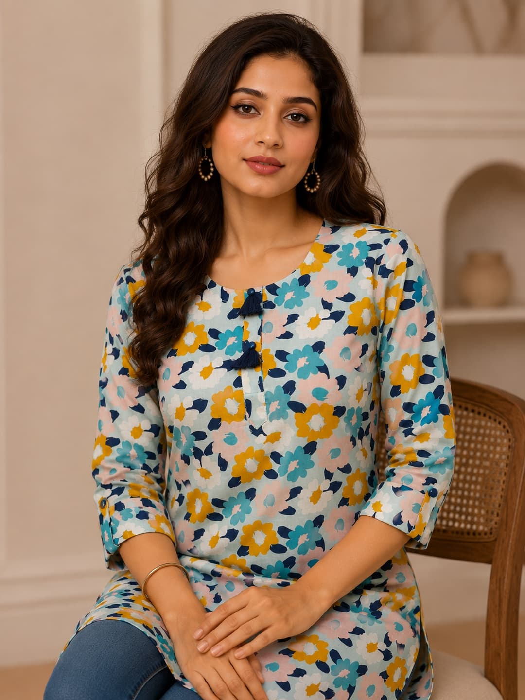 Sky Blue Floral Everyday Tunic Top - View 0