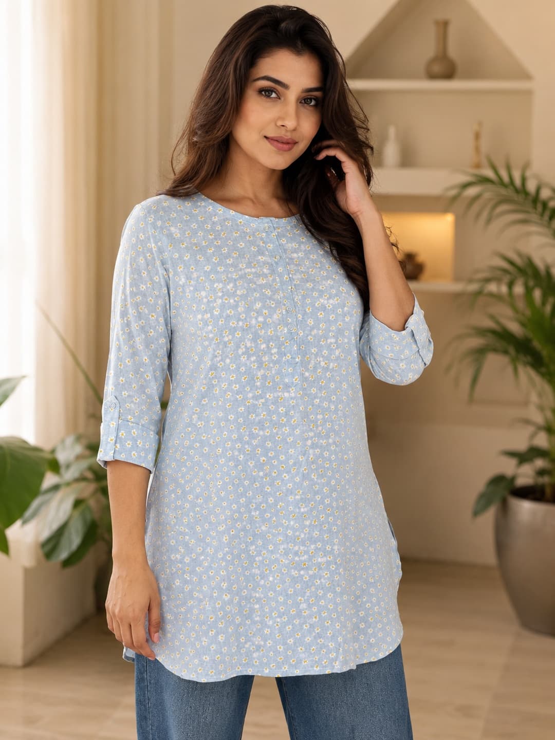 Light Blue Floral Printed Kurti Sky Daisy