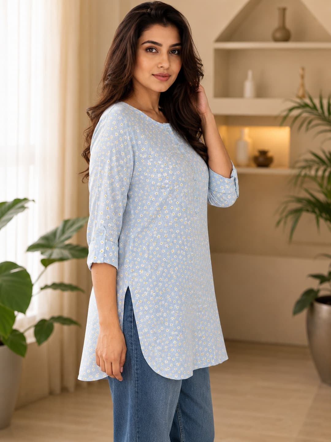 Light Blue Floral Printed Kurti Sky Daisy
