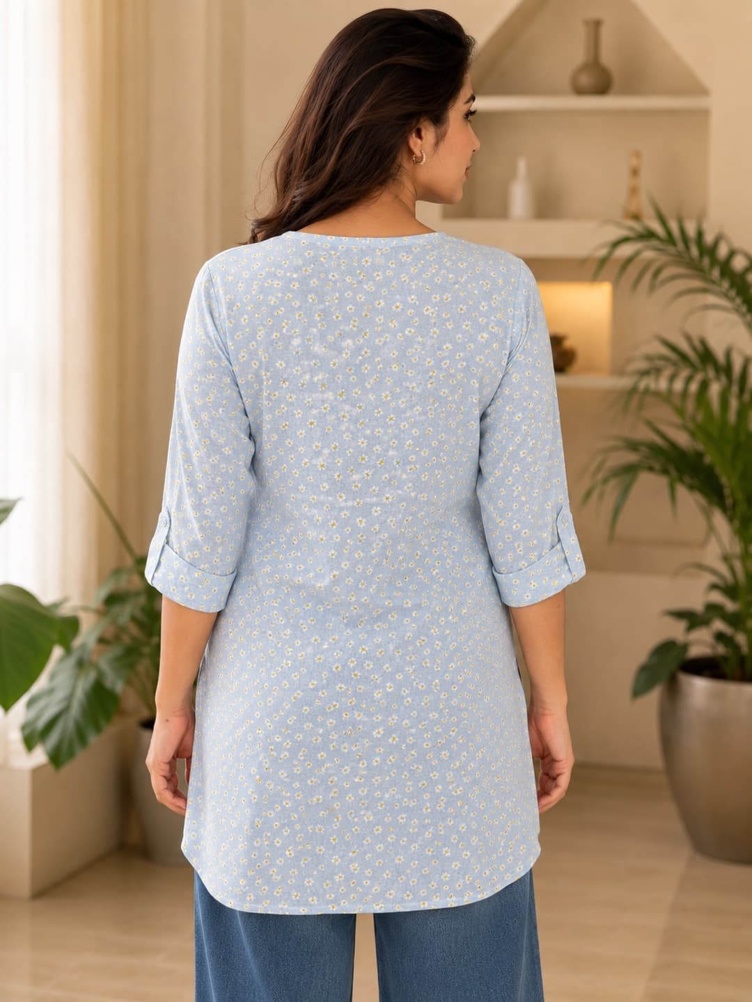 Light Blue Floral Printed Kurti Sky Daisy - View 3