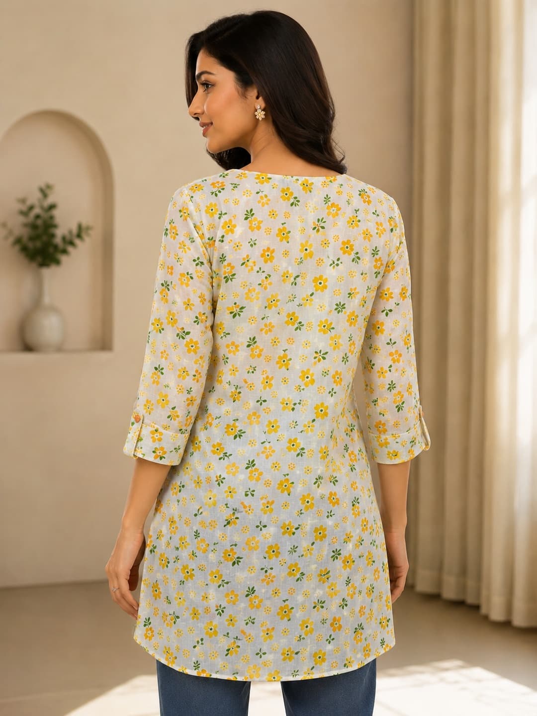 Off White Sunnt Petal Cotton Kurti - View 3