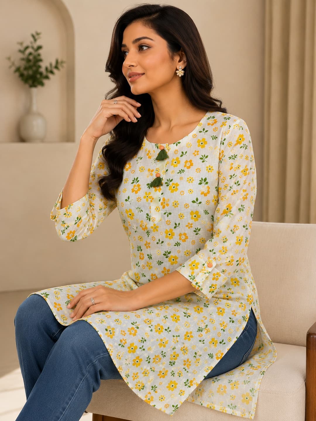 Off White Sunnt Petal Cotton Kurti - View 4