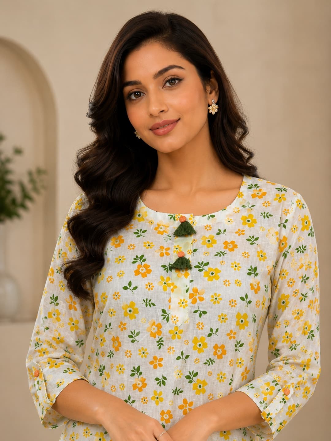 Off White Sunnt Petal Cotton Kurti - View 0