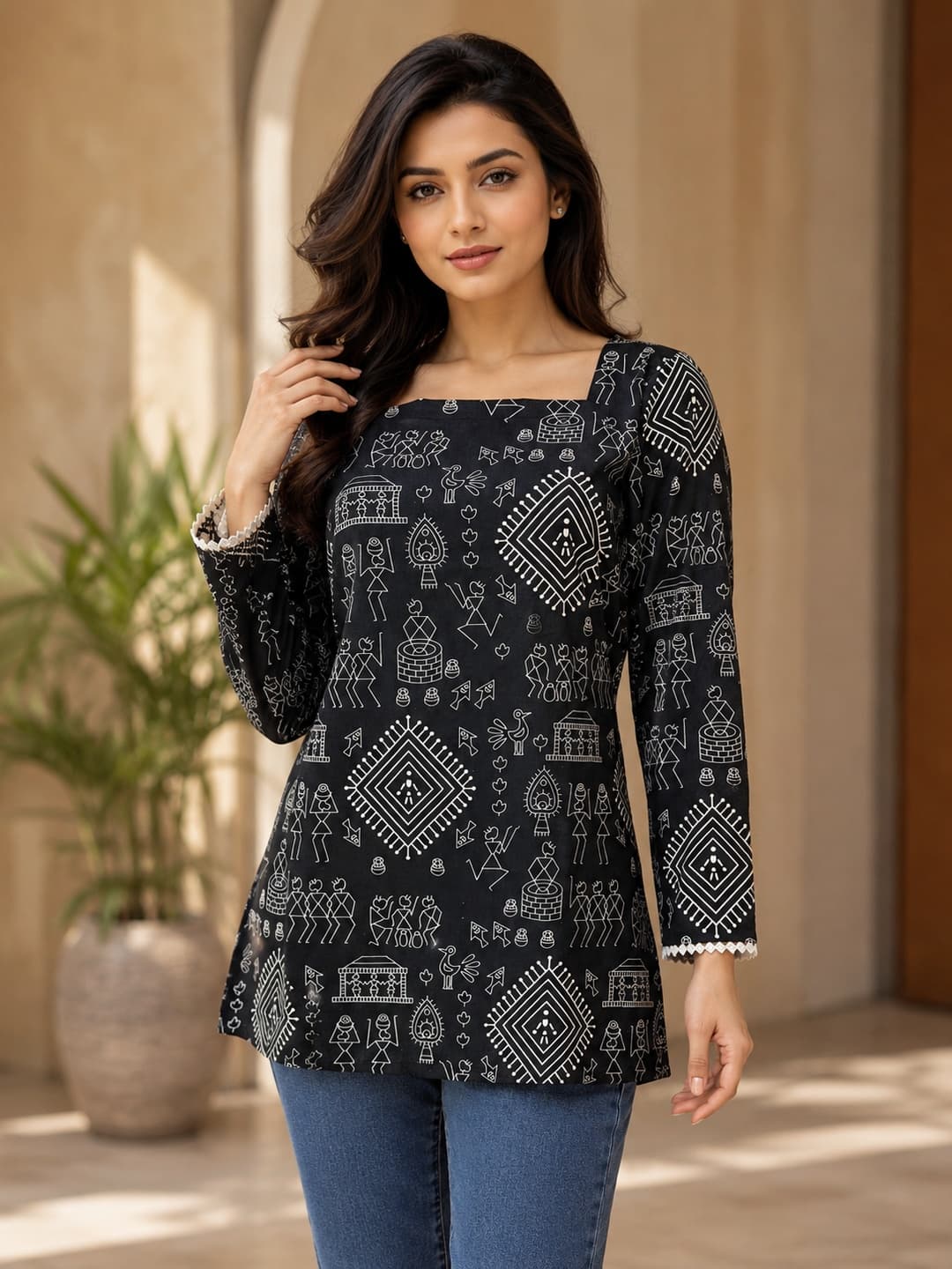 Women Black Warli Printed Cotton Ethnic Kurti