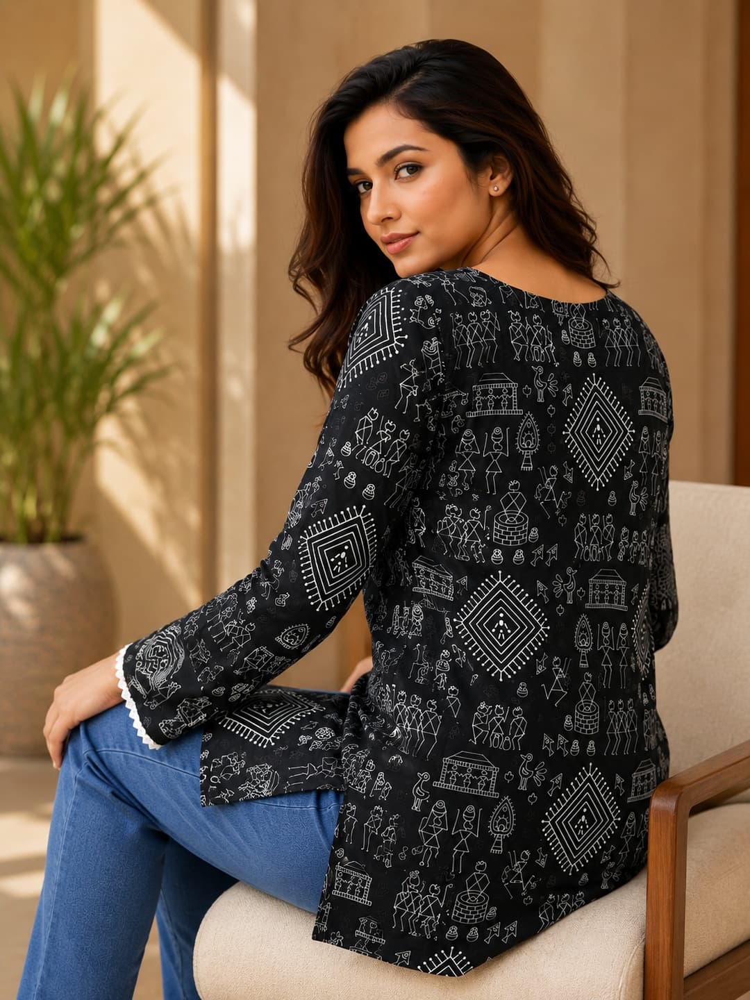 Women Black Warli Printed Cotton Ethnic Kurti - View 4
