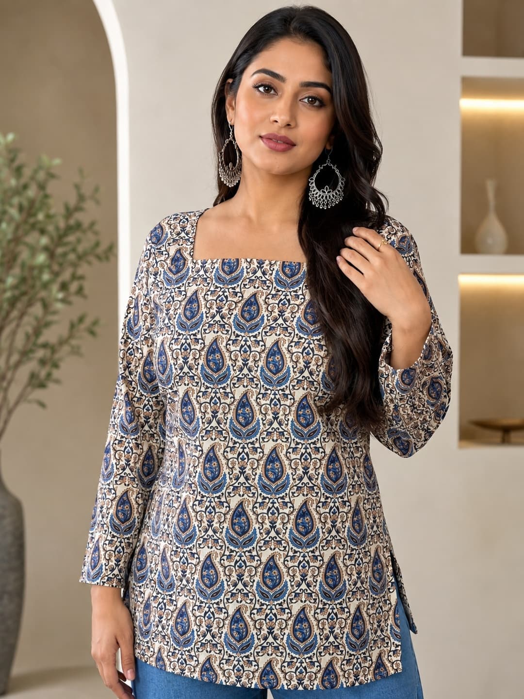 Beige Printed Kurti with Paisley Design