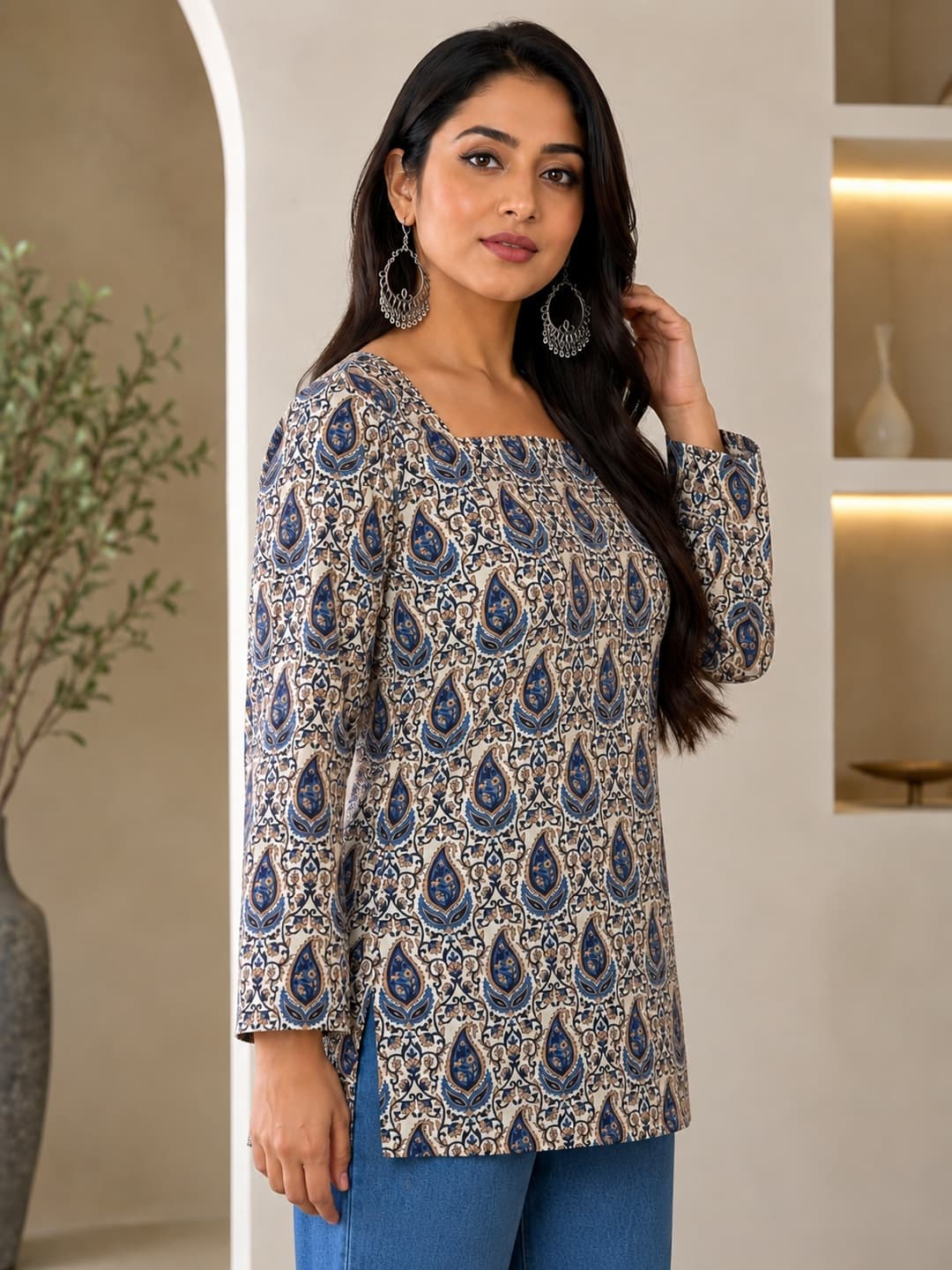 Beige Printed Kurti with Paisley Design