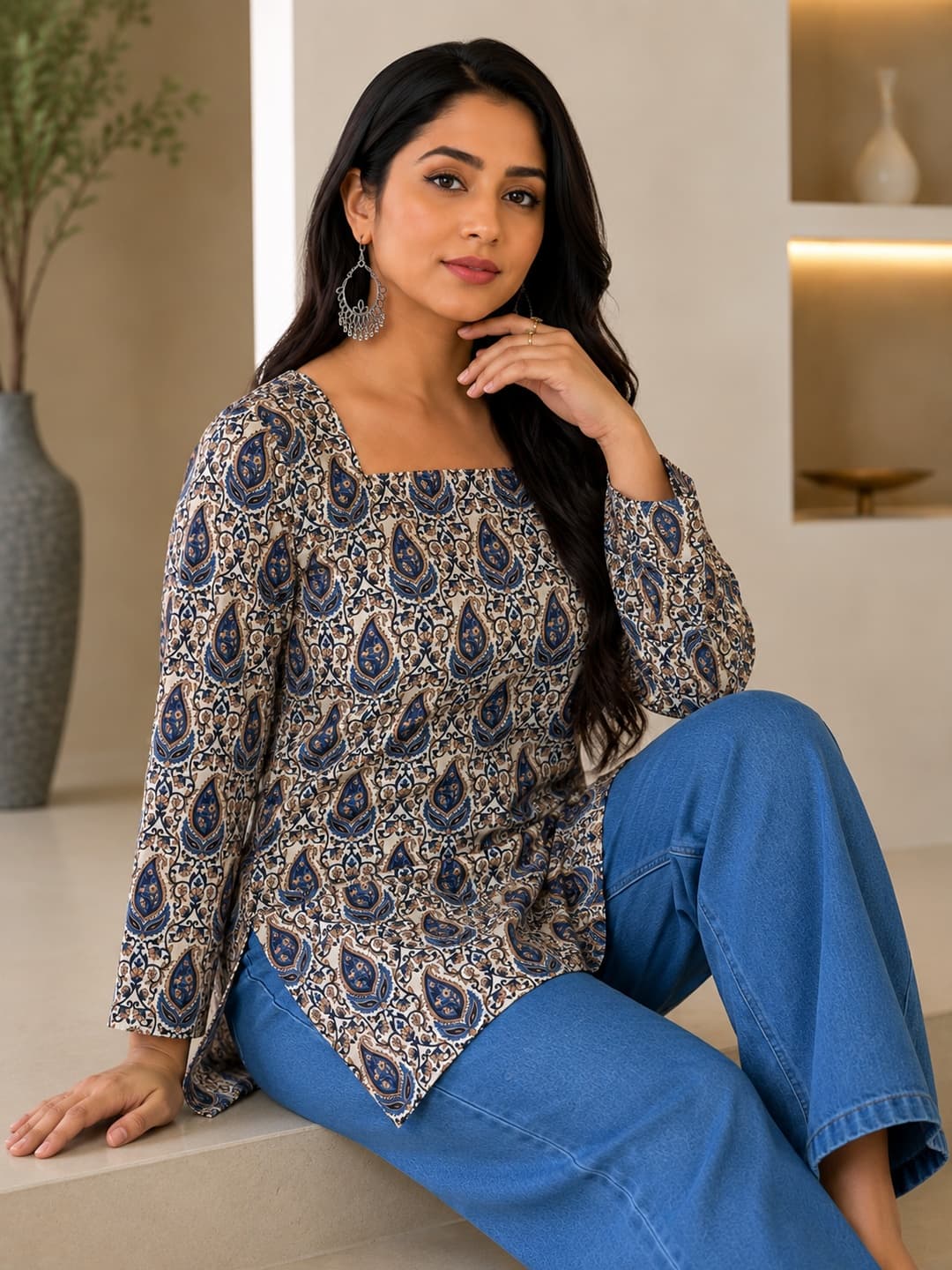 Beige Printed Kurti with Paisley Design - View 4