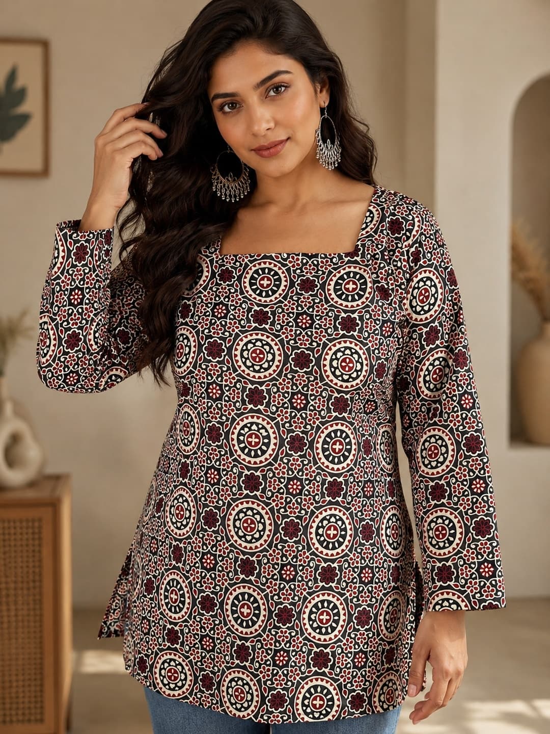 Maroon Printed Kurti with Floral Design