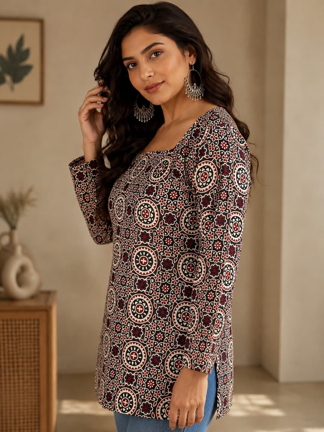 Maroon Printed Kurti with Floral Design