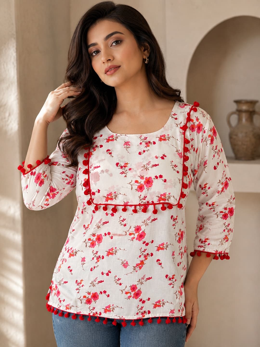 Cherry Top with Pom-Pom Detailing