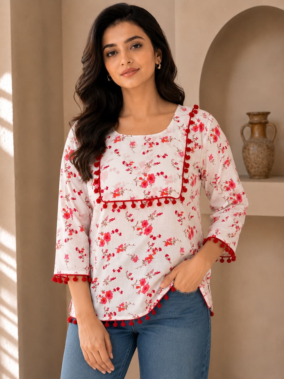 Cherry Top with Pom-Pom Detailing - View 4