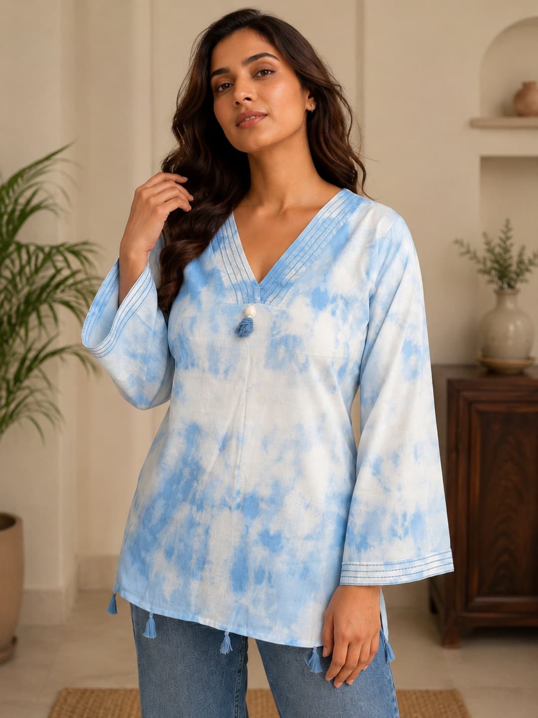 Light Blue Tie-Dye V-Neck Top