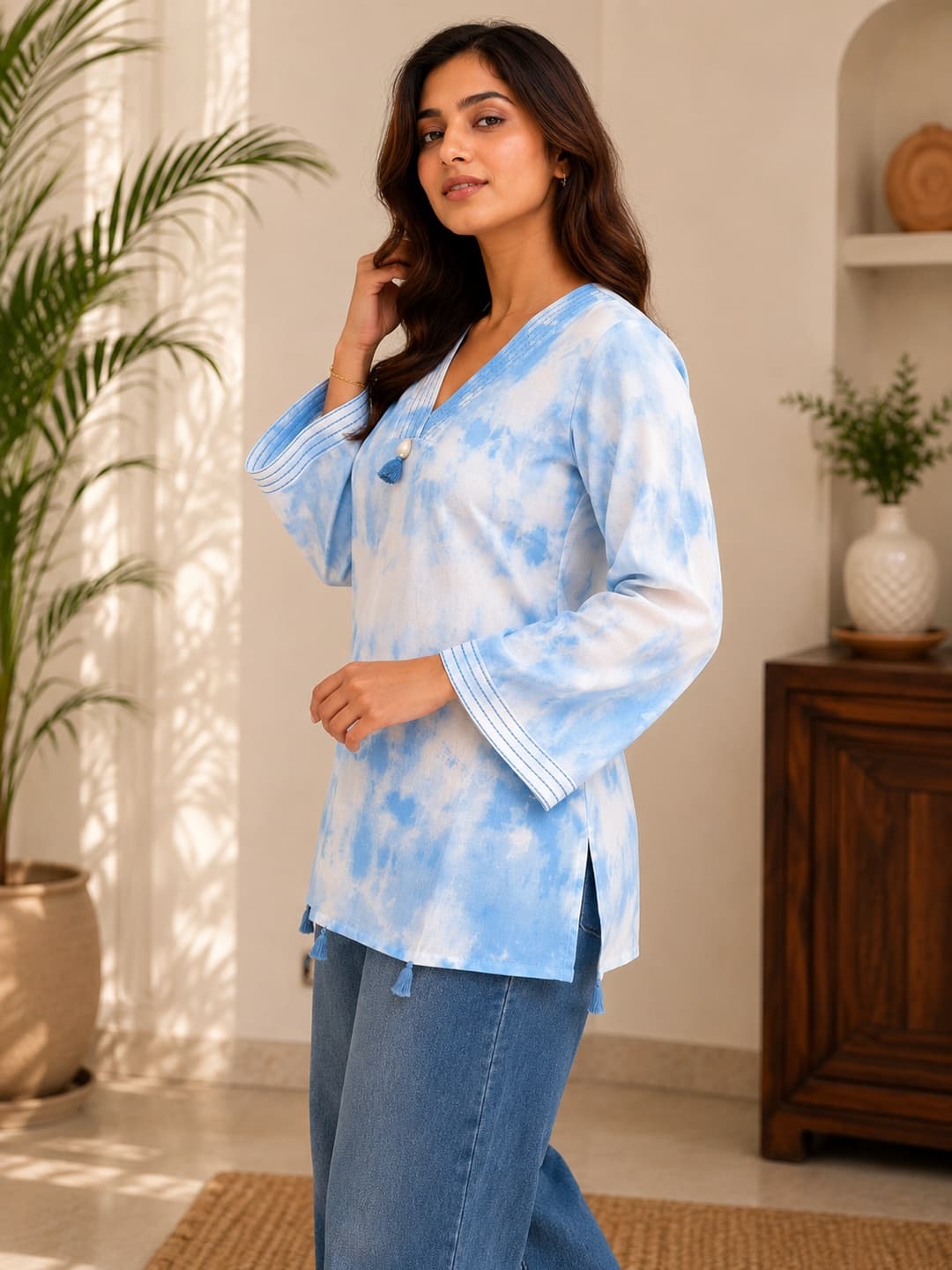 Light Blue Tie-Dye V-Neck Top
