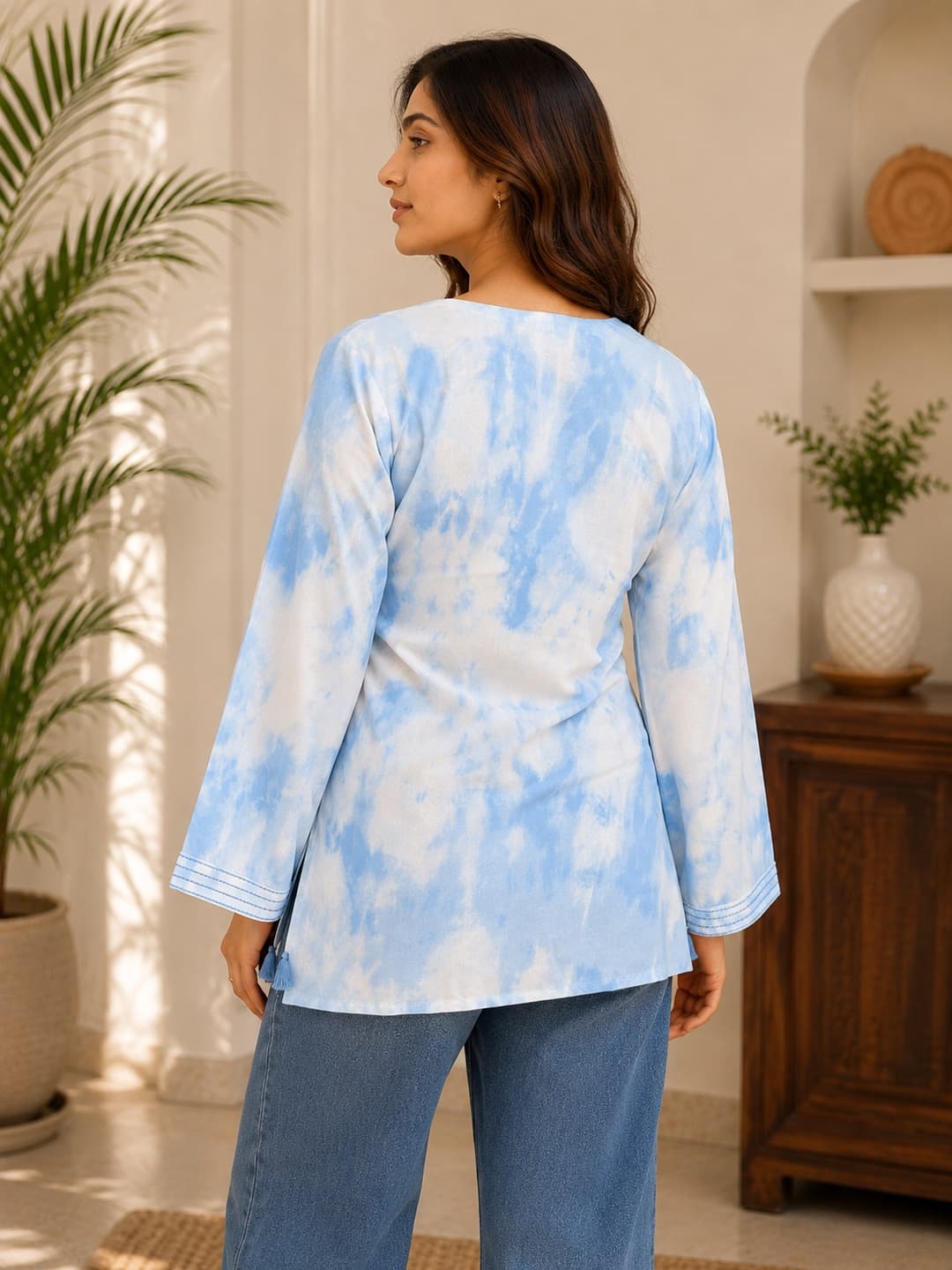 Light Blue Tie-Dye V-Neck Top - View 3