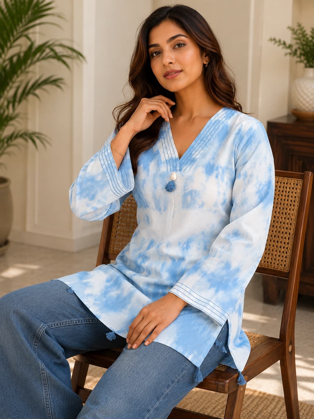 Light Blue Tie-Dye V-Neck Top - View 4