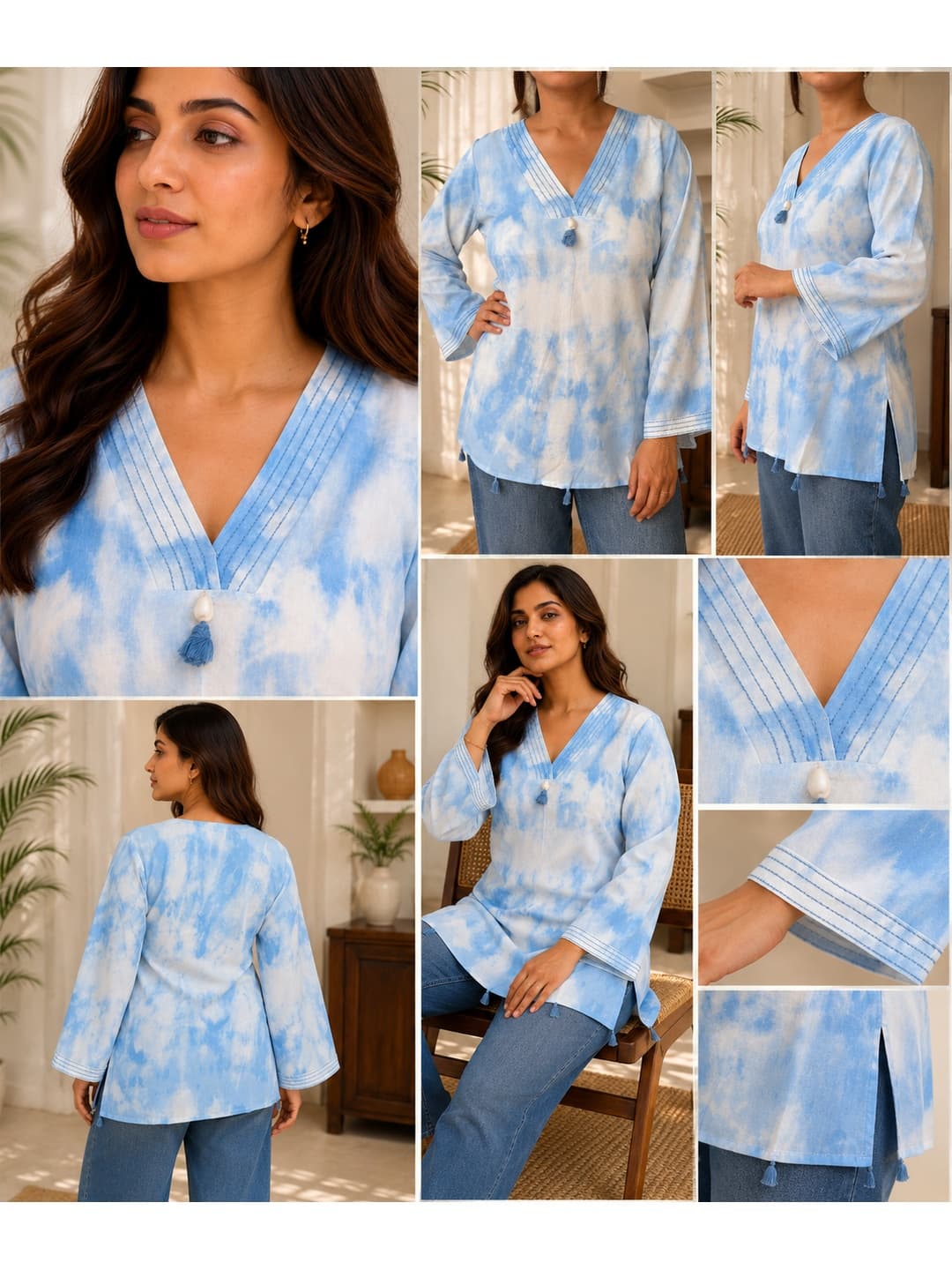 Light Blue Tie-Dye V-Neck Top - View 0