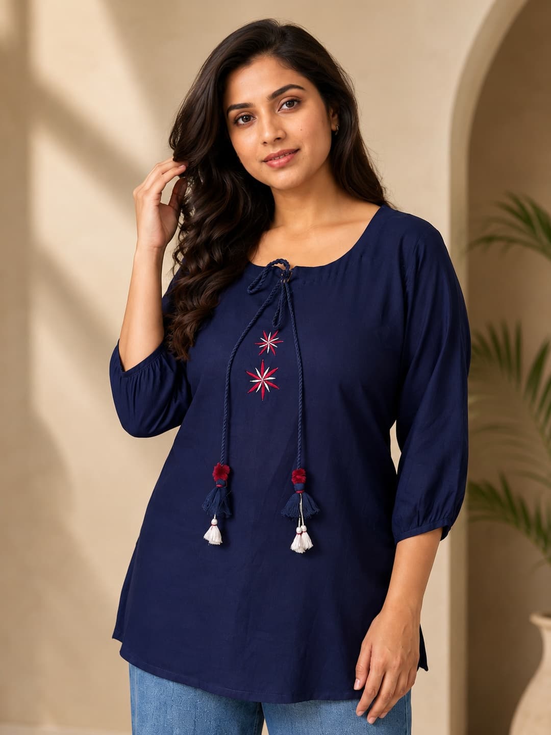 Navy Blue Embroidered Top with Tassels