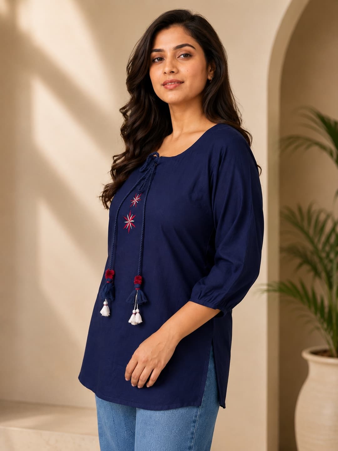 Navy Blue Embroidered Top with Tassels