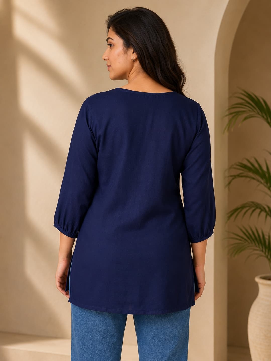Navy Blue Embroidered Top with Tassels - View 3